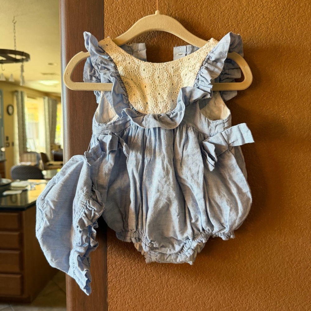 Tahari Baby Blue and Cream Romper